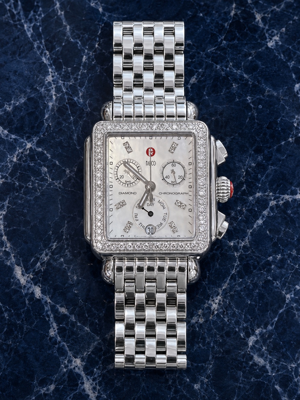 Michele MotherOfPearl Dial Silver DiamondAccent Chronograph Watch